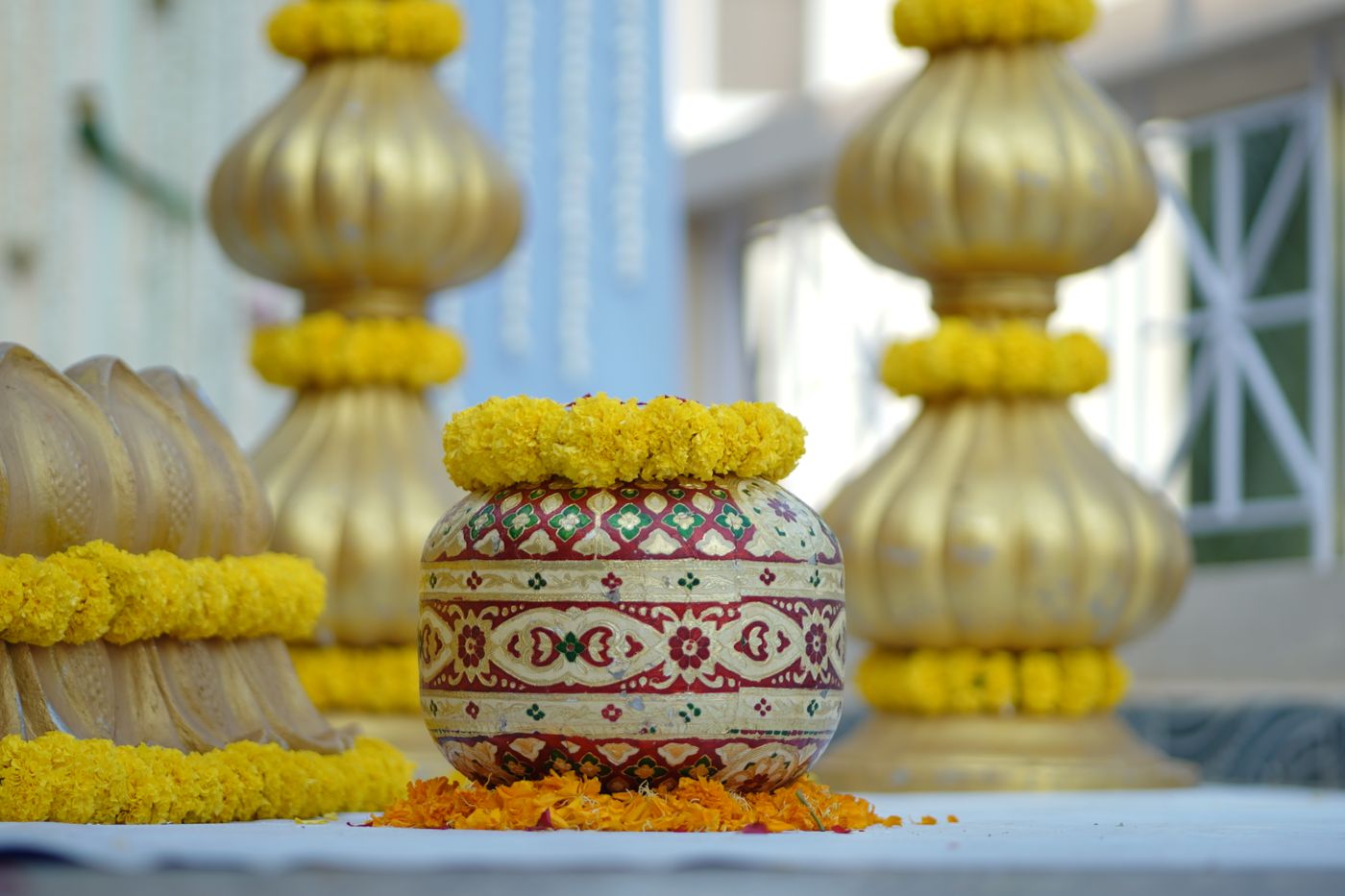 Marigolds and decorated pots at a Bengaluru haldi ceremony, inspiration photograph